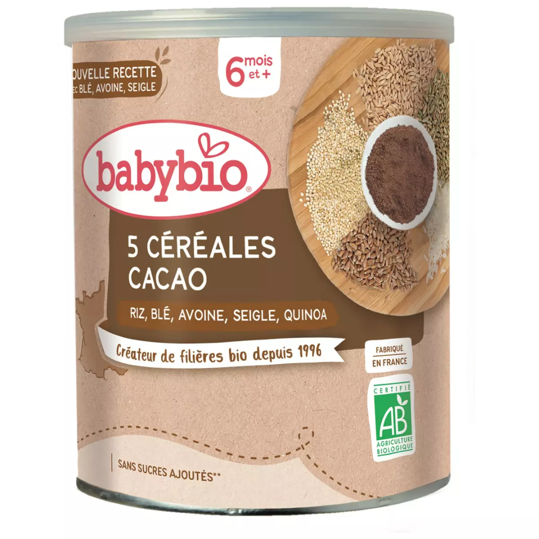 BABYBIO 5 CEREALES CACAO RIZ BLE AVOINE SEIGLE QUINOA 220G 6 MOIS +