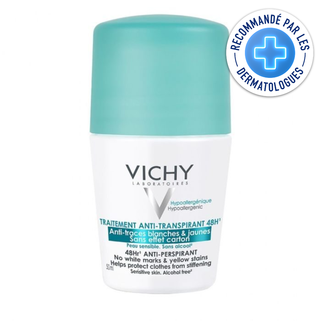 VICHY TRAITEMENT ANTI TRANSPIRANT ANTI TRACES BLANCHES ET JAUNES 48 H 50 ML