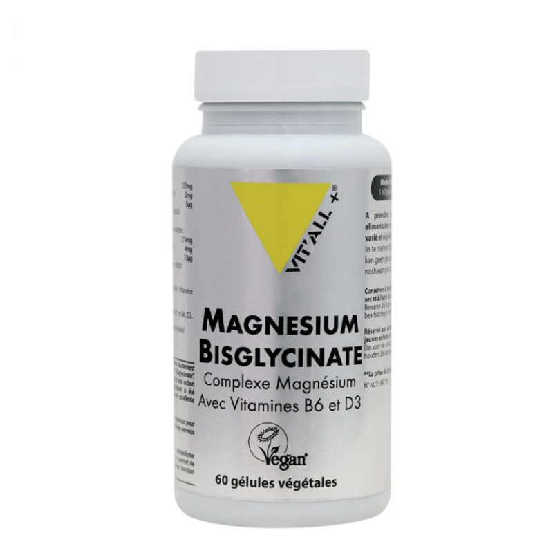 VITALL+ MAGNESIUM BISGLYCINATE VITAMINE B6 ET D3 COMPLEMENT ALIMENTAIRE 60 GELULES