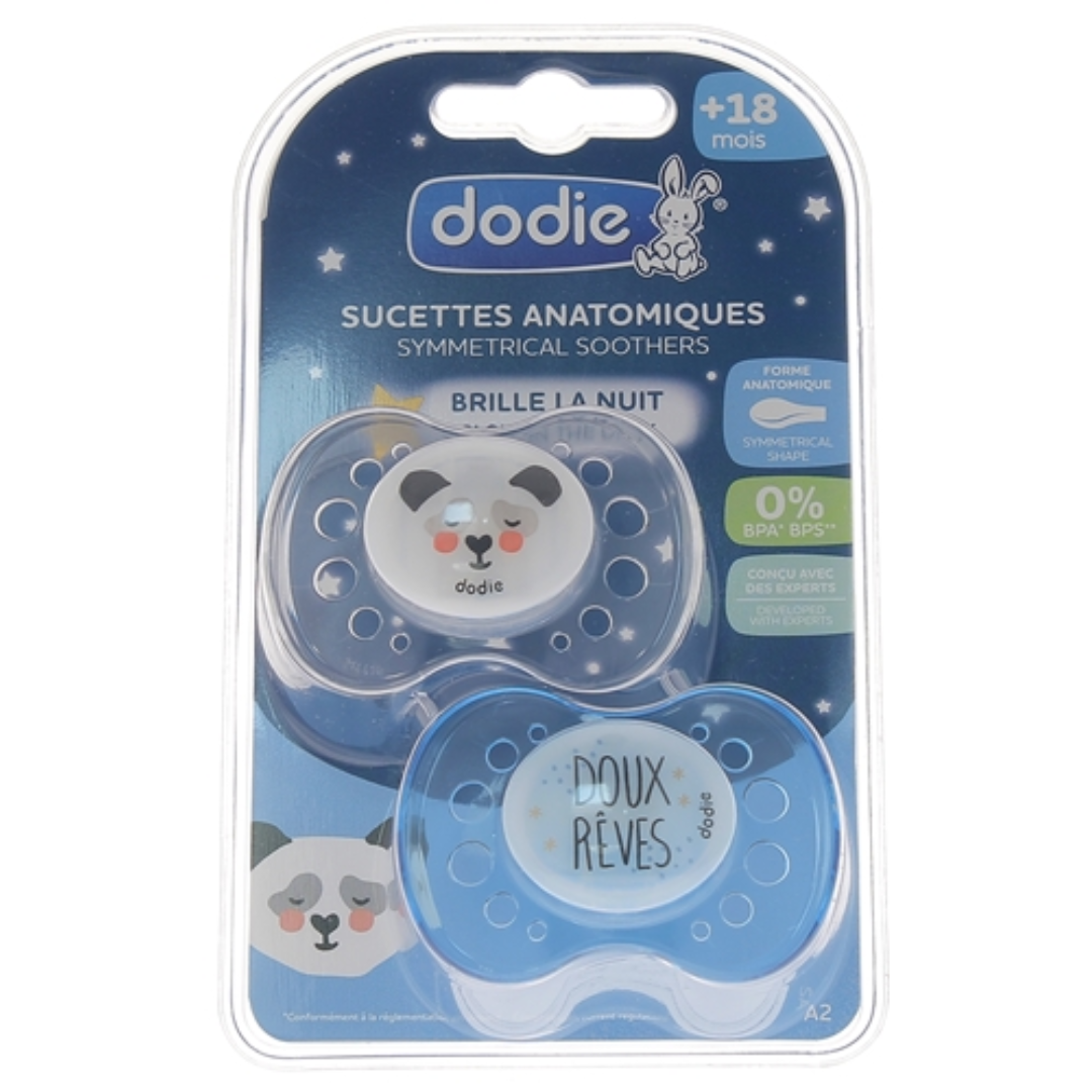 DODIE SUCETTES ANATOMIQUES SYMMETRIC BRILLE LA NUIT + 18 MOIS A2