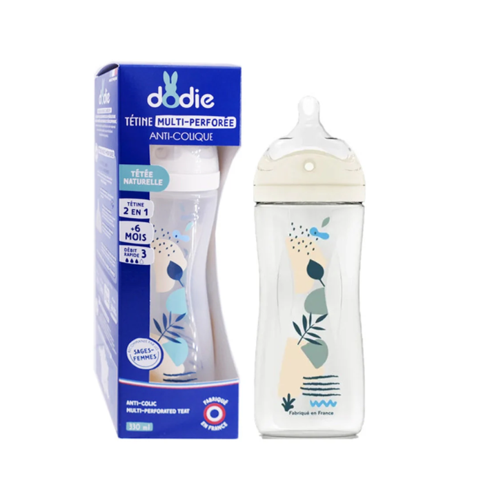 DODIE BIBERON TETINE MULTI PERFOREE ANTI COLIQUE 330 ML 6MOIS+ DEBIT 3 BLEU