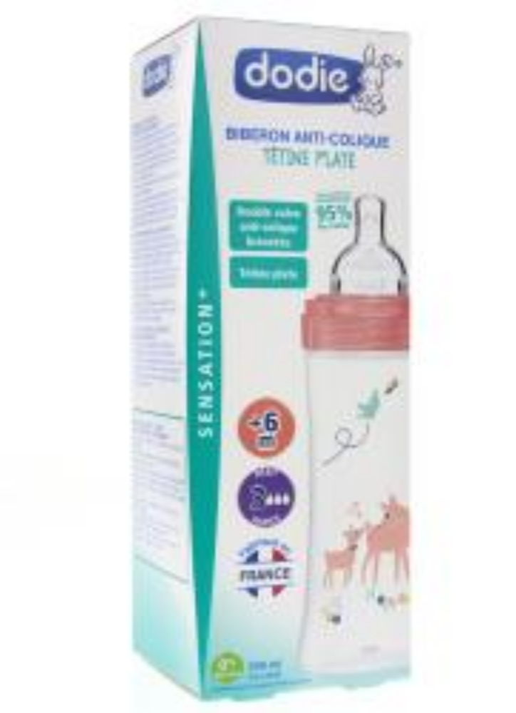 DODIE BIBERON SENSATION+ANTI COLIQUE TETINE PLATE 330 ML ROSE