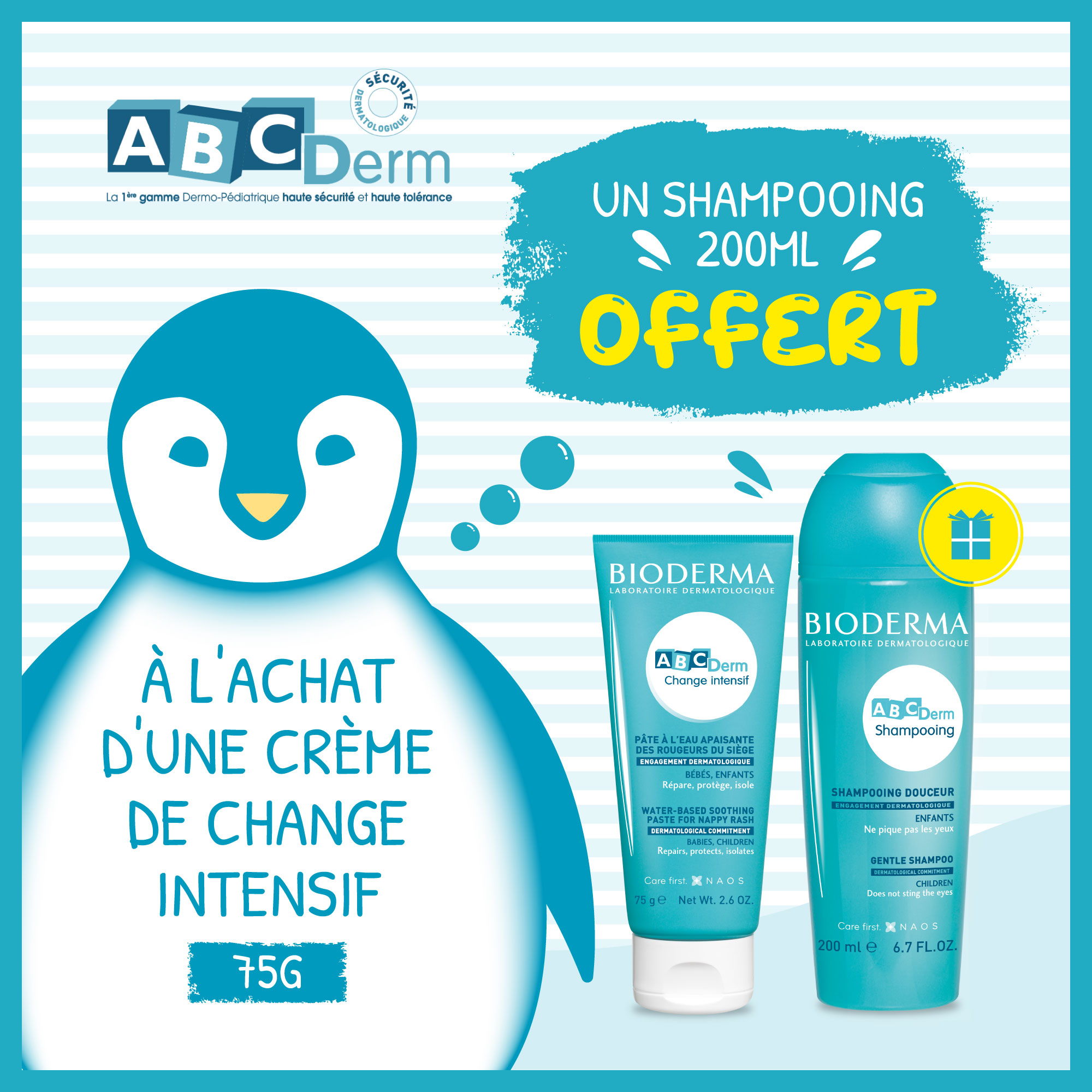 BIODERMA OFFRE ABCDERM CHANGE INTENSIF PATE A L'EAU REPARATRICE 75G + SHAMPOOING 200 ML OFFERT