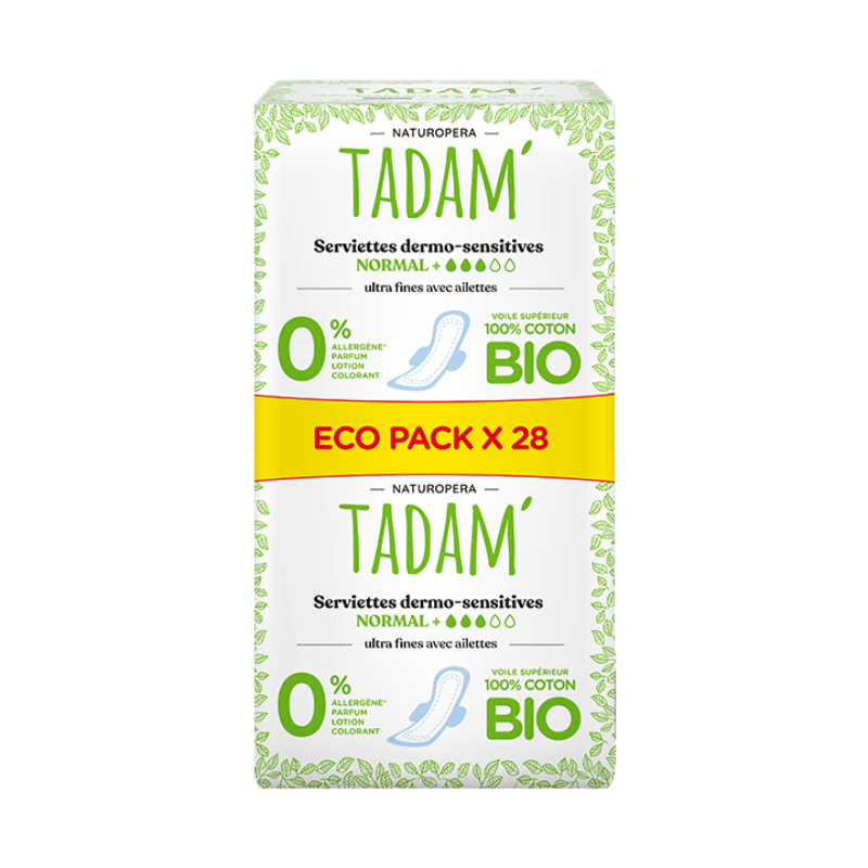 TADAM ECO PACK 28 SERVIETTES DERMO SENSITIVES NORMAL + COTON BIO