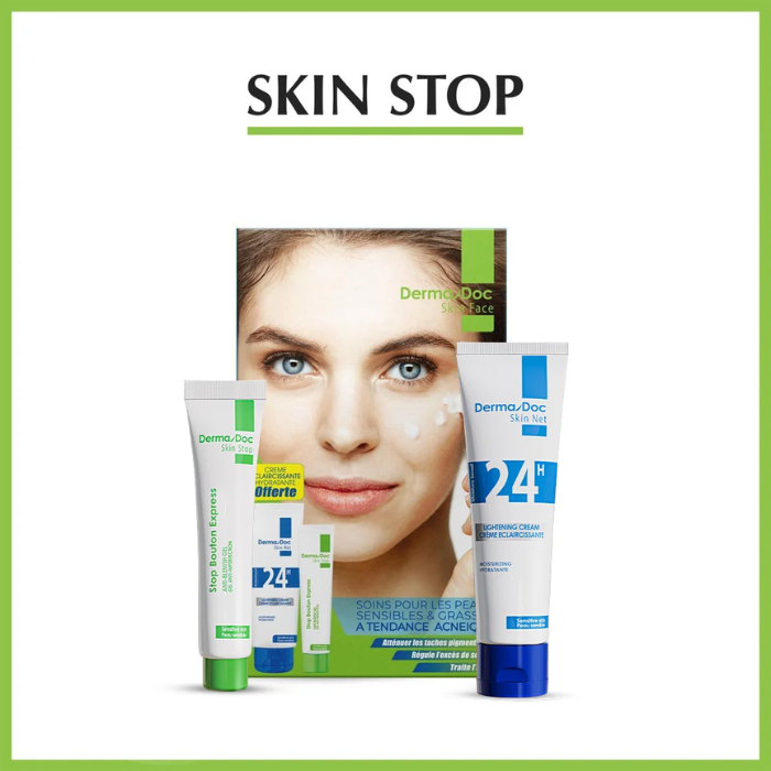 DERMADOC COFFRET SKIN STOP BOUTONS EXPRESS 15ML +CREME ECLAIRCISSANTE 50ML