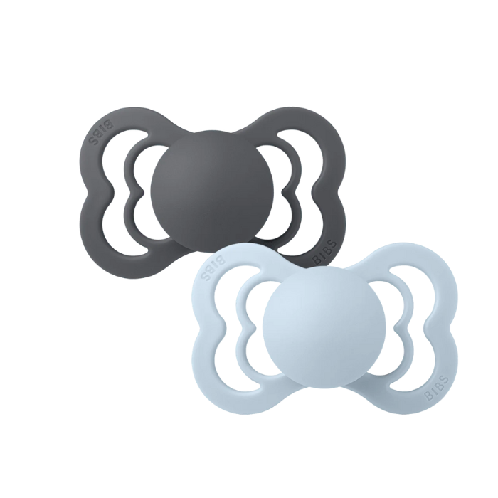 BIBS SUPREME SILICONE SYMMETRICAL SIZE 2 PACK DE 2 IRON ET BABY BLUE