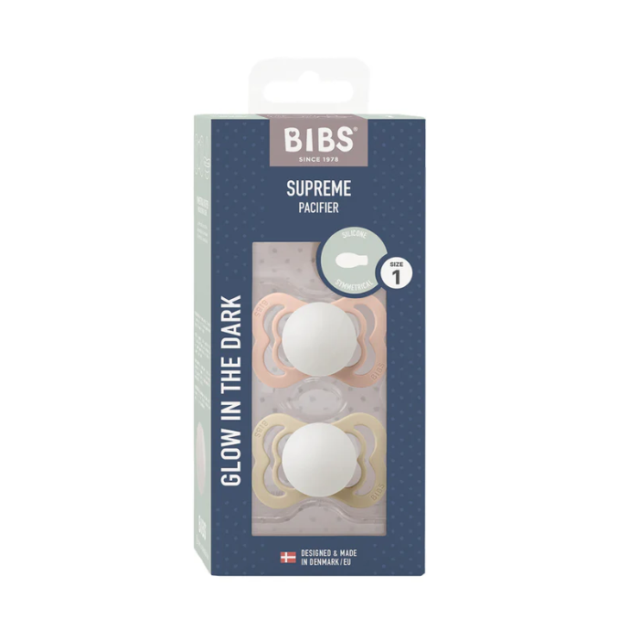BIBS SUPREME PACIFIER SILICONE SYMMERTICAL SIZE 1 PACK DE 2 GLOW IN THE DARK BLUSH GLOW ET VANILLA GLOW