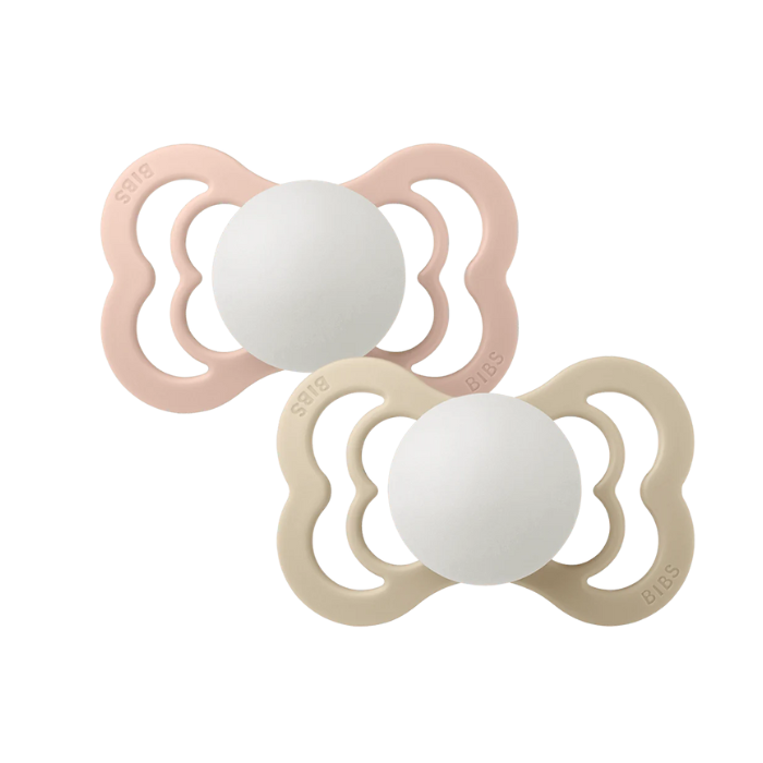 BIBS SUPREME PACIFIER SILICONE SYMMERTICAL SIZE 2 PACK DE 2 GLOW IN THE DARK BLUSH GLOW ET VANILLA GLOW