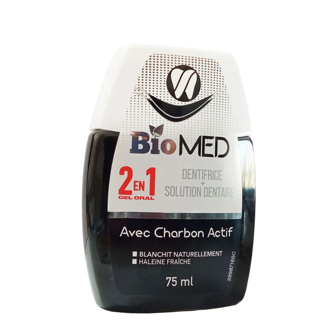 BIOMED 2 EN 1 DENTIFRICE + SOLUTION DENTAIRE AVEC CHARBON ACTIF 75 ML