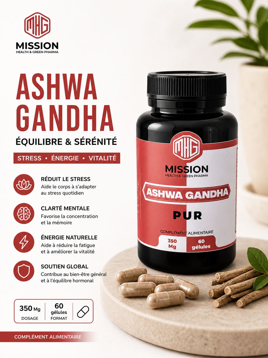 MISSION HEALTH AND GREEN PHARMA ASHWAGANDHA PUR 350 MG 60 GELULES