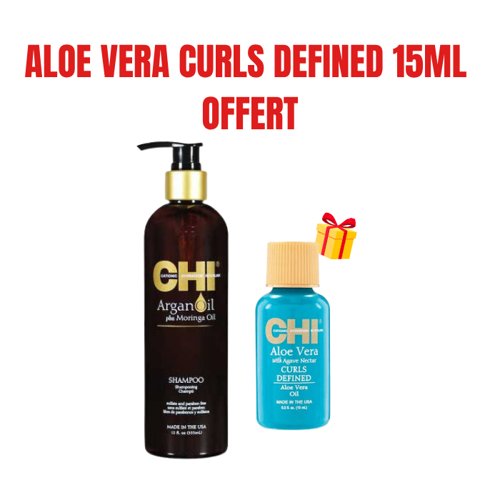 CHI OFFRE ARGAN OIL ET MORINGA SHAMPOOING 340 ML + ALOE VERA CURLS DEFINED 15 ML OFFERT