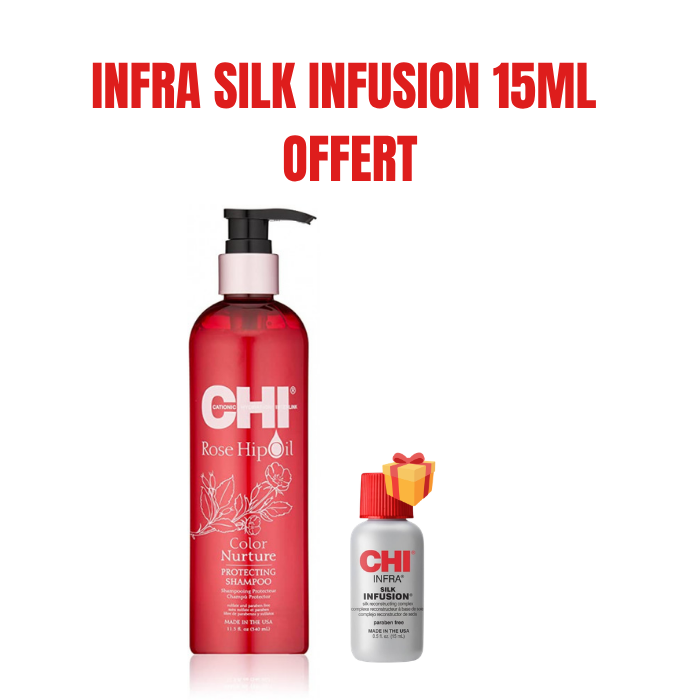 CHI OFFRE ROSE HIP OIL SHAMPOOING PROTECTEUR 340 ML + INFRA SILK INFUSION 15 ML OFFERT
