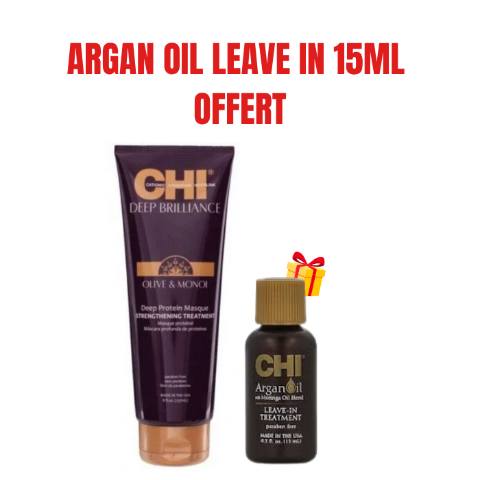 CHI OFFRE DEEP BRILLANCE MASQUE PROTEINE HUILE D'OLIVE ET MONOI + ARGAN OIL LEAVE IN TREATMENT 15 ML OFFERT
