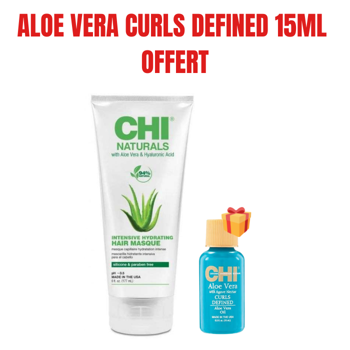 CHI OFFRE NATURALS ALOE VERA ET HYALURONIQUE ACIDE MASQUE HYDRATANT INTENSE 177 ML + ALOE VERA CURLS DEFINED 15 ML OFFERT