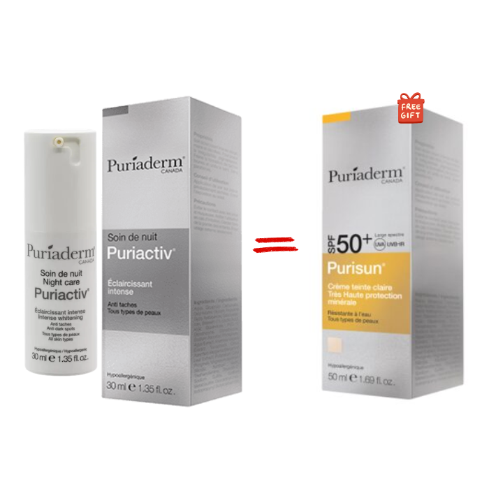 PURIADERM OFFRE PURIACTIV SOIN DE NUIT ECLAIRCISSANT INTENSE 30 ML + PURISUN CREME TEINTE CLAIRE SPF 50+ 50 ML OFFERTE